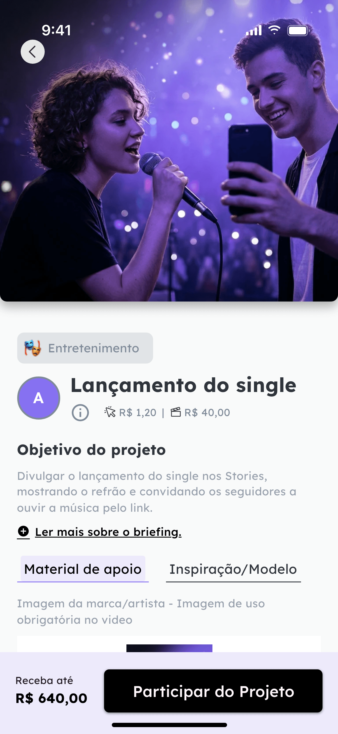 Tela de um projeto no app Hook ADS com a capa, o valor por clique e por vídeo, o objetivo e o botão Participar do Projeto