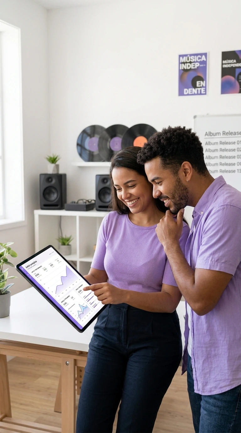 Equipe de um selo musical analisando os resultados de um projeto num tablet